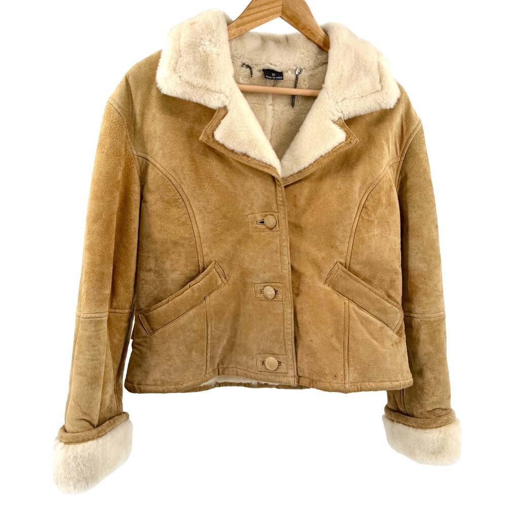 Vintage Y2K Gallery Tan Genuine Suede Shearling Belted Bomber Jacket